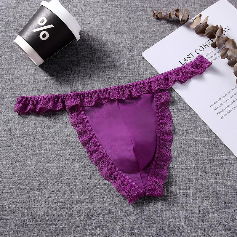 Sissy Pouch Lingerie Panties Sexy Mesh Lace Trim Dummy Sex Thong Low Waist Hip Lift Bikini Briefs Gay Male Night Sleepwear