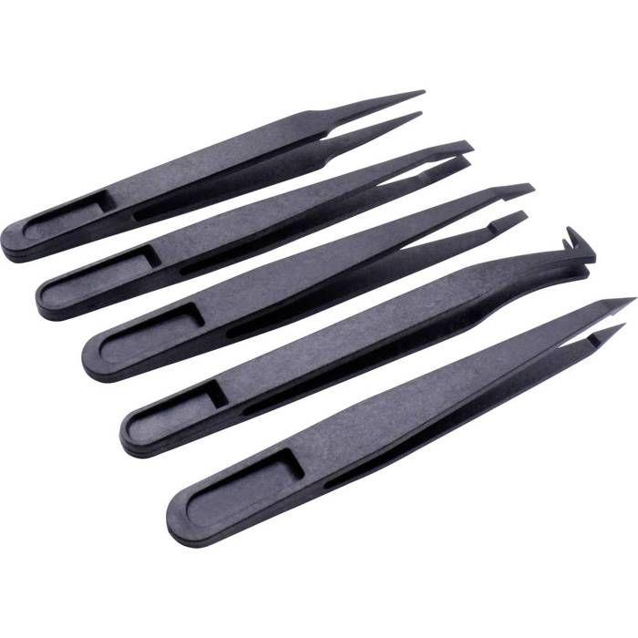 Pince brucelle ESD Quadrios 1903EC095 antistatique (ESD) 5 pièces plate, large, plate, courbée, arrondie