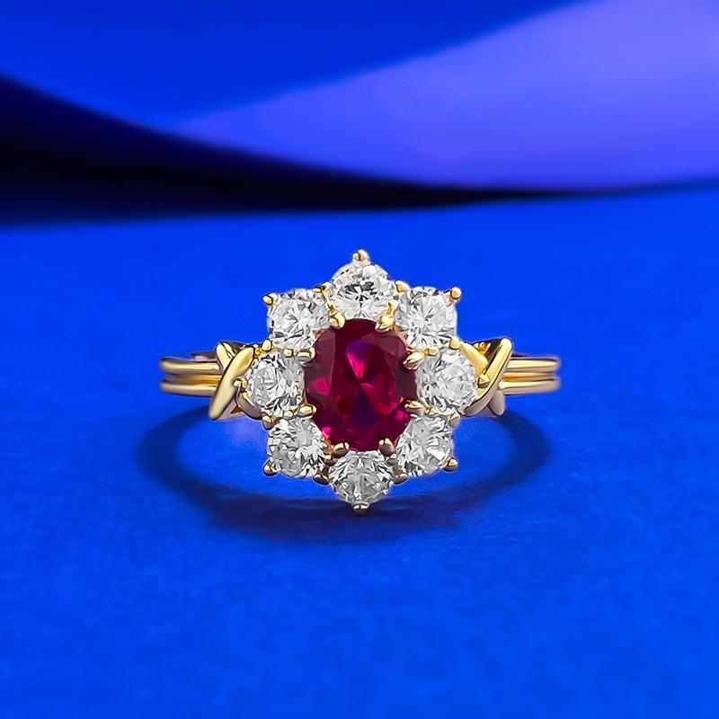 

Zhuo Zhi Fan 2026 S925 Silver Pigeon Blood Red Sunflower Ring - Radiant, High-End Retro Design Size 7