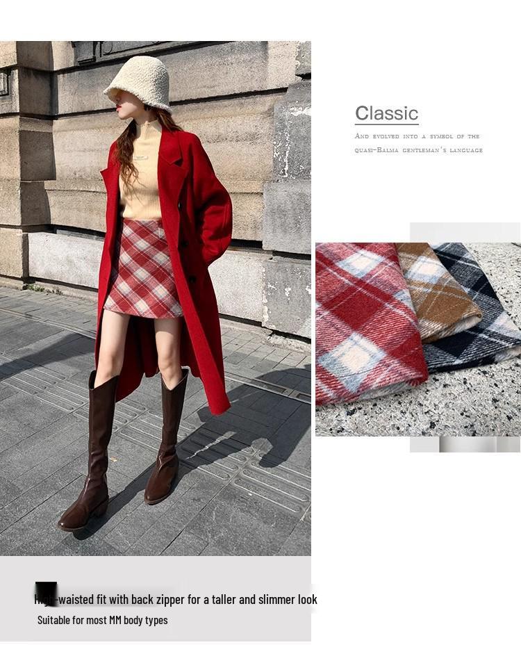 2025 Autumn/Winter Women's High-Waisted Plus Size Yellow Plaid Wool Mini Skirt