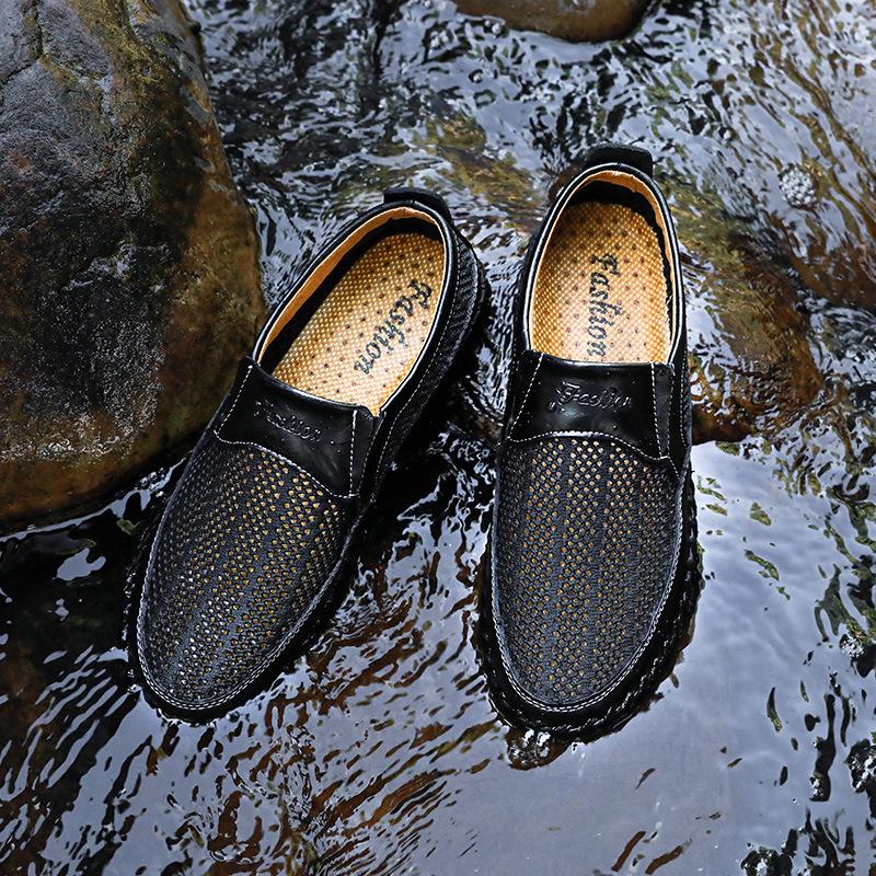 Men's Breathable Mesh Summer Sandals - Size 50, Soft Sole Slip-on Leather Shoes for Dad