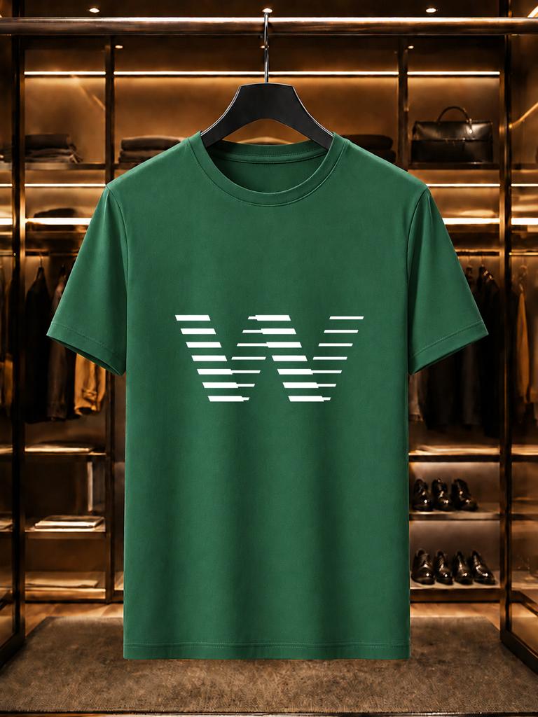 2026 New Arrival 100 Cotton Tshirt Strip Splicing Creative Big W Letter Minimal Print Crew Neck Casual Short Sleeve