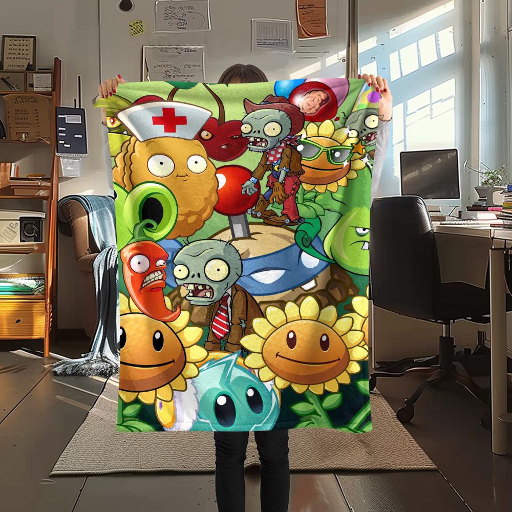 1Pc Zombie Plant Fight Print Flannel Blanket, High quality Comfortable for All Seasons, Home Decor, Warmth and Comfort, Perfect for Gifts