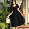 Plus Size Black Square Neck A-Line Dress - Slimming Mature Style for Pear Shapes