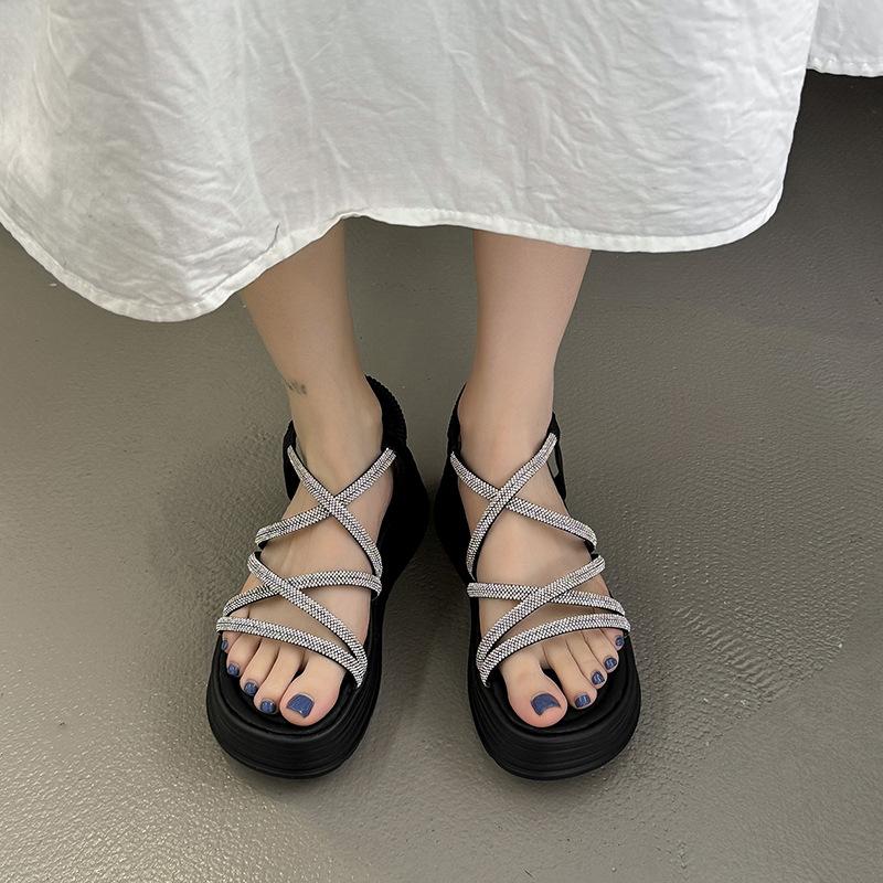 

Rhinestone Roman sandals female 2025 summer new student soft sole with skirt fairy wind thick sole non-slip cool slippers 40 чорний