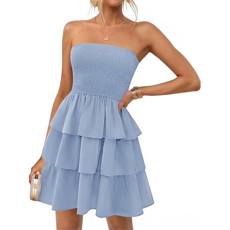 Women's Strapless Sleeveless Smocked Tiered Mini Dress Casual Summer Ruffle Layered Sundress