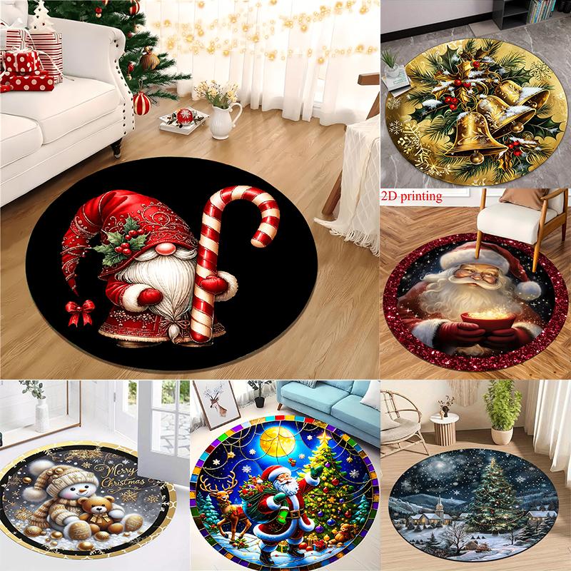 Christmas Santa Round Mat Stained Glass Border Santa Reindeer Xmas Tree Moon Festive Circular Decor Rug Living Space Decor