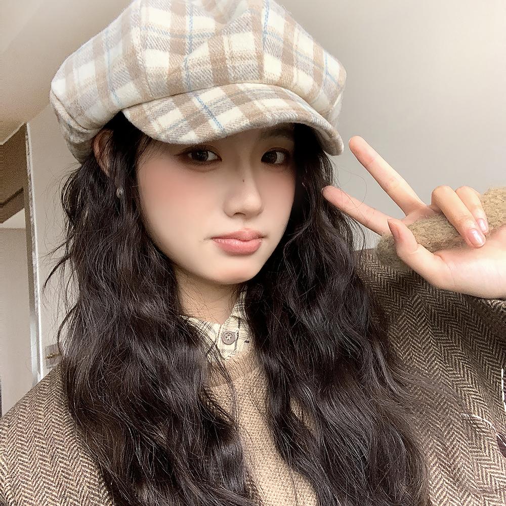 Woolen plaid beret women's autumn and winter face small cloud hat literary versatile octagonal hat newsboy painter hat