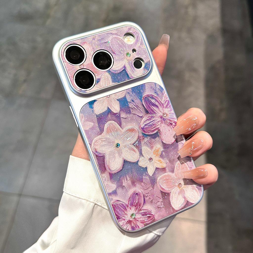 Fine flash purple flower is suitable for Apple 17promax gilt glitter iPhone16pro pearl case spring mobile phone case.