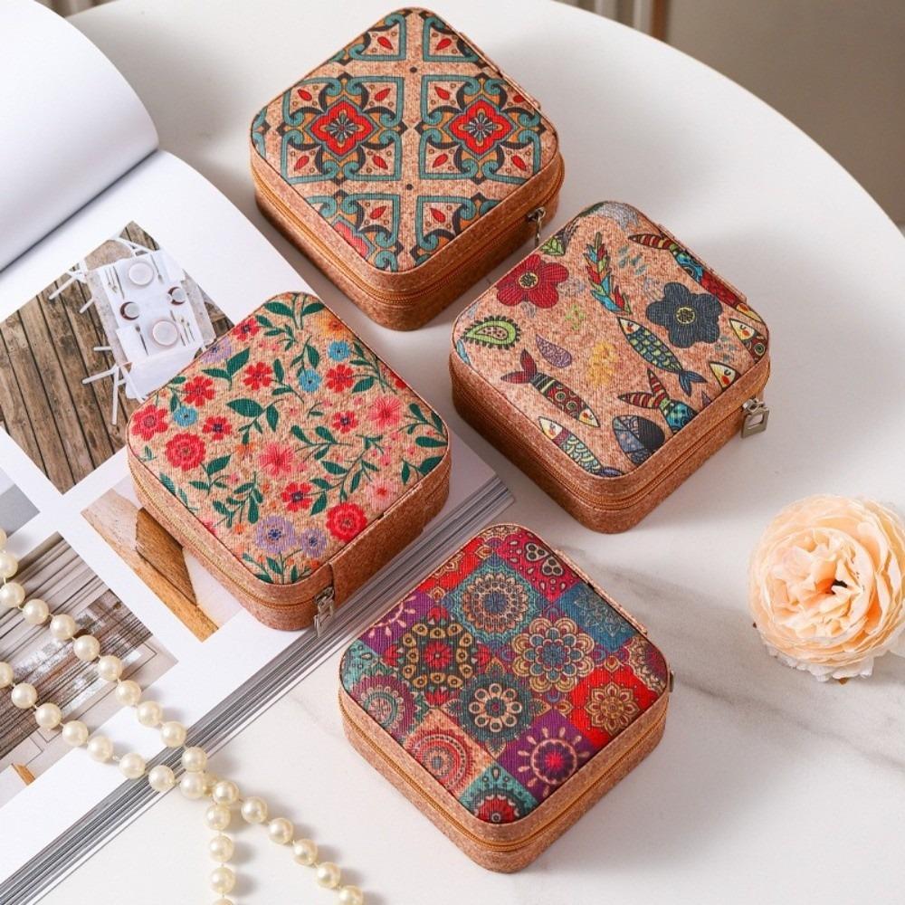 Printed Portable Necklaces Storage Box Portable Retro Rings Case Durable Travel Jewelry Box Travel