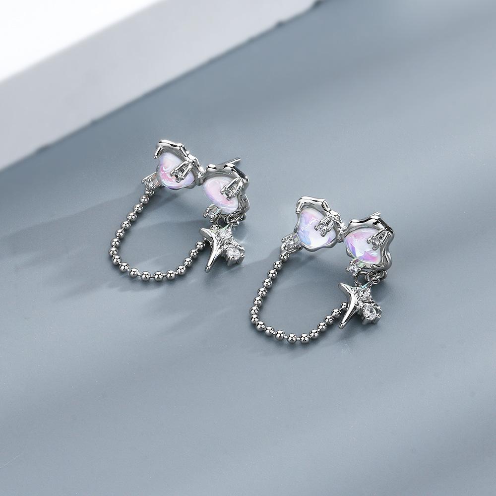 Bow Moonstone Stud Earrings Light Luxury Cold Wind Star Light Love Zircon Fringed Earrings Temperament Celebrity Show Face Thin