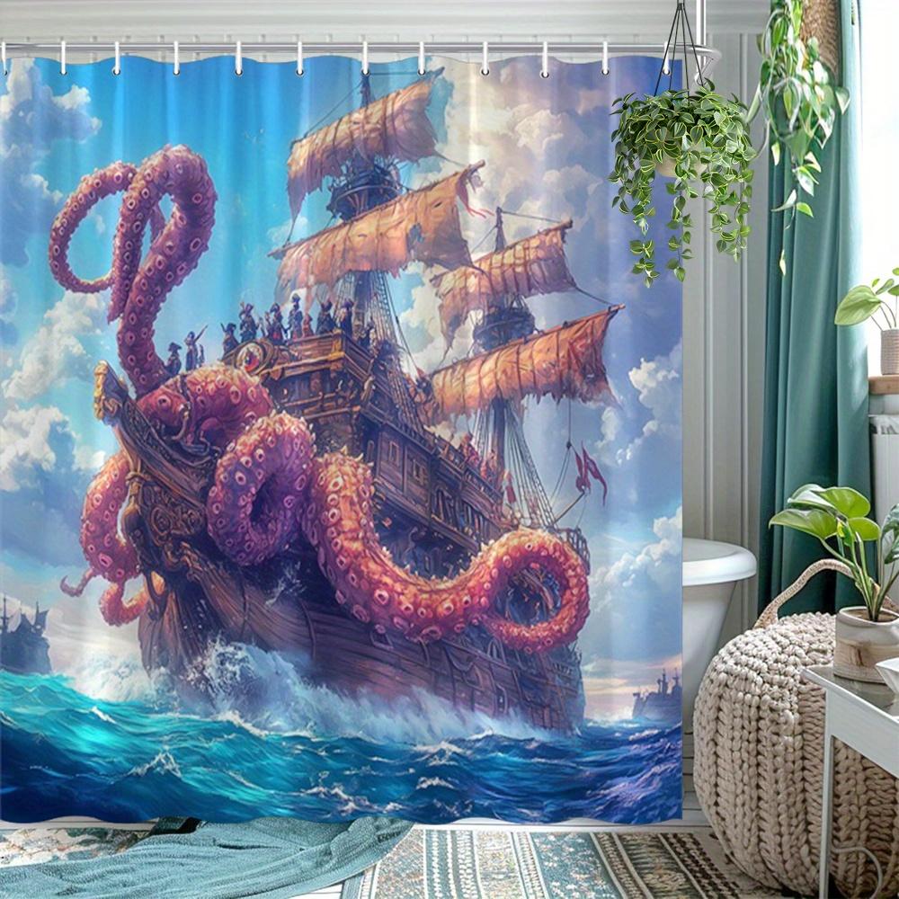 

Fantasy Ocean Shower Curtain 1pc – Octopus Wrapping Pirate Ship, Dramatic Sea Art Bath Curtain for Boys’ Room and Home Decor 90X180cm(35x70in)