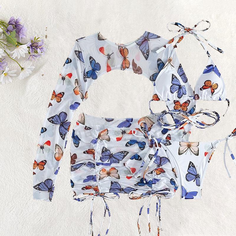 2024 European & American Butterfly Print Drawstring 4-Piece Sexy Women's Bikini Swimwear