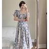 Blue floral French large size women's niche dress women's long dress oil painting slightly fat and thin mm belly covering skirt