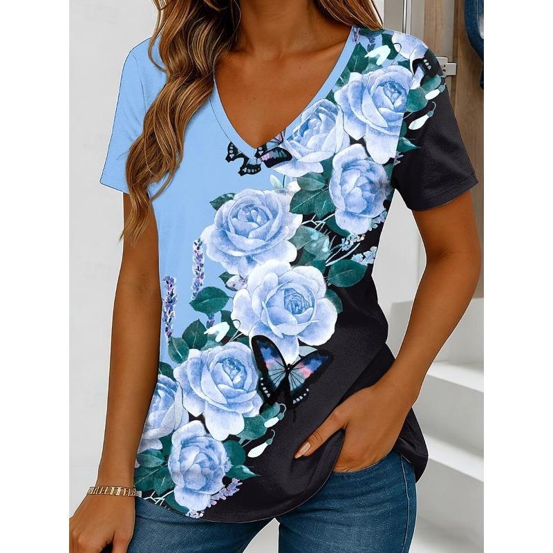 

Women s Color Block Floral Print T-Shirt, Vintage V-Neck Short Sleeve, Blue Pink Purple Green, Spring Summer S