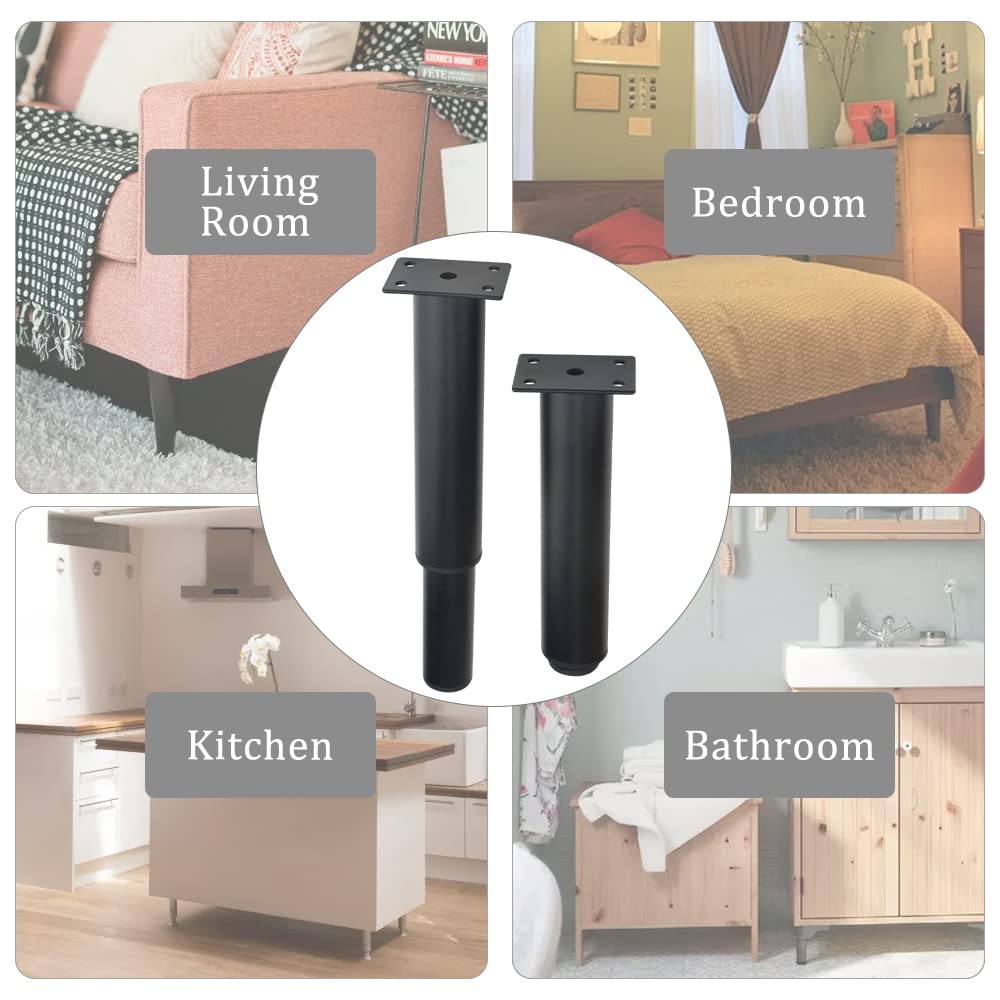 XINMEIWEN 4-Pack Metal Adjustable Furniture Legs, Cabinet Legs, Heavy-Duty Bed Center Frame Slat Support Legs for Table, Bed, Sofa (7.1"-12"), Black