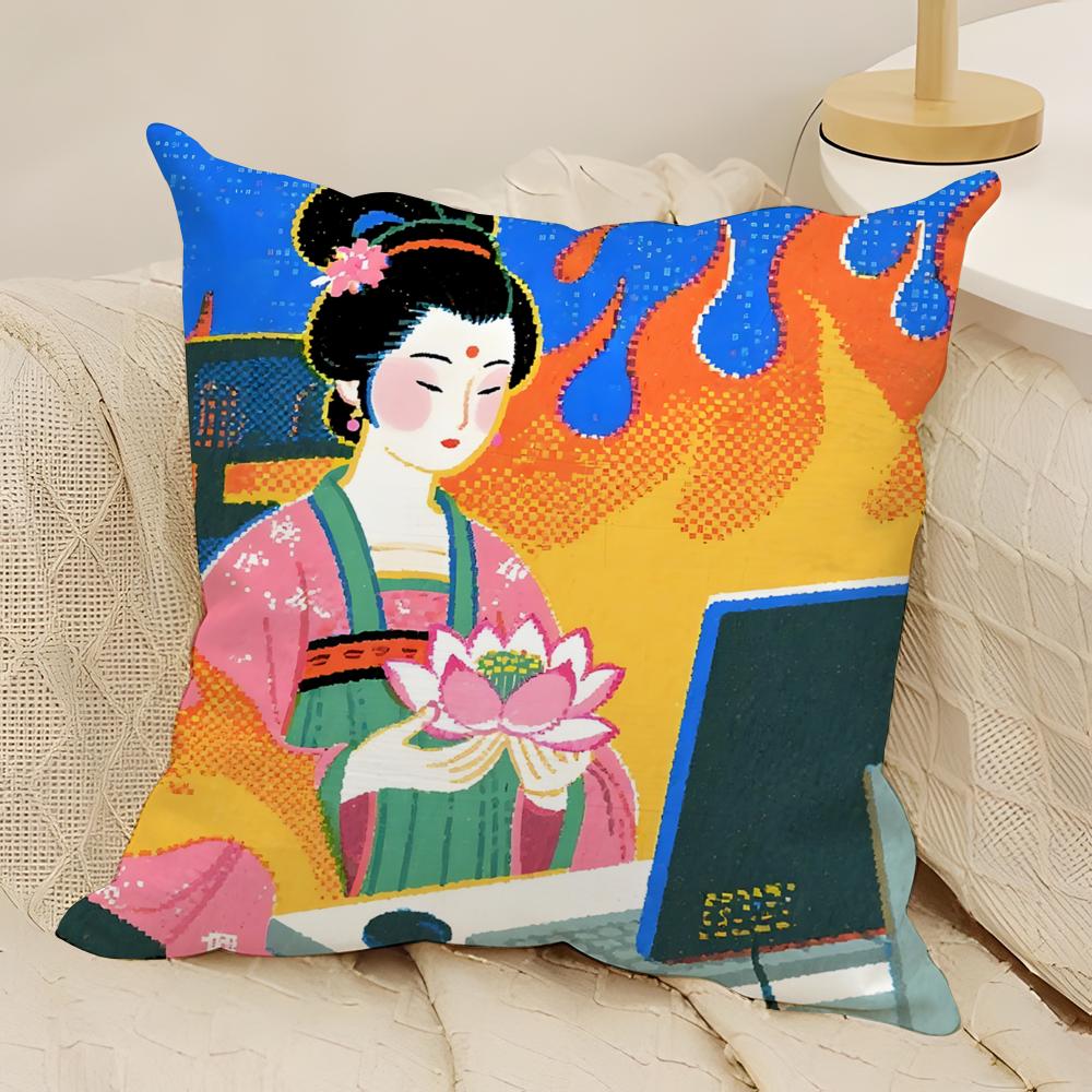 fashing Retro Japanese style prints Pillow Case Natural Linen Double-Sided Printing Sofa Home Decor Cushion Cover