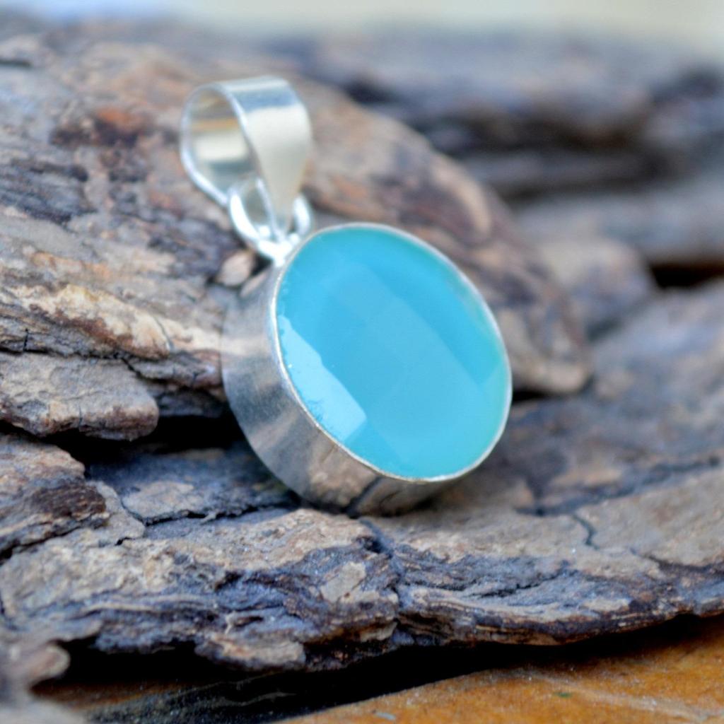 Rose Cut Aqua Chalcedony Gemstone 925 Sterling Silver Gift Pendant