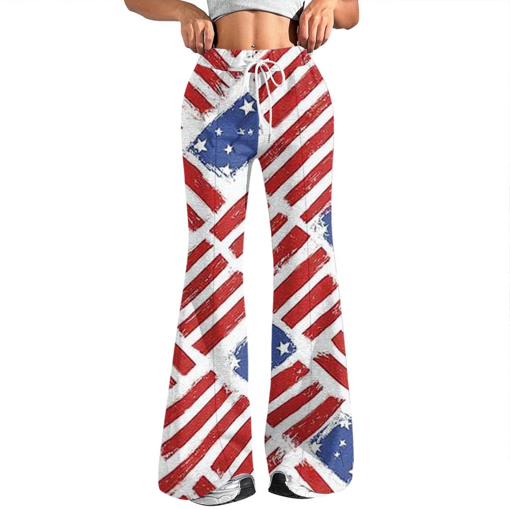 Women's Fashion Loose Drawstring Tight Waist Independence Day Printed Casual Sports Pants Casual Flared Pants