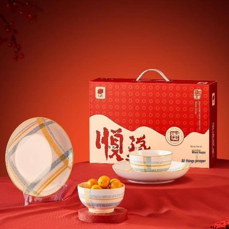 BAILOCK Blue Isle Grid Ceramic 4-Piece Dinnerware Set