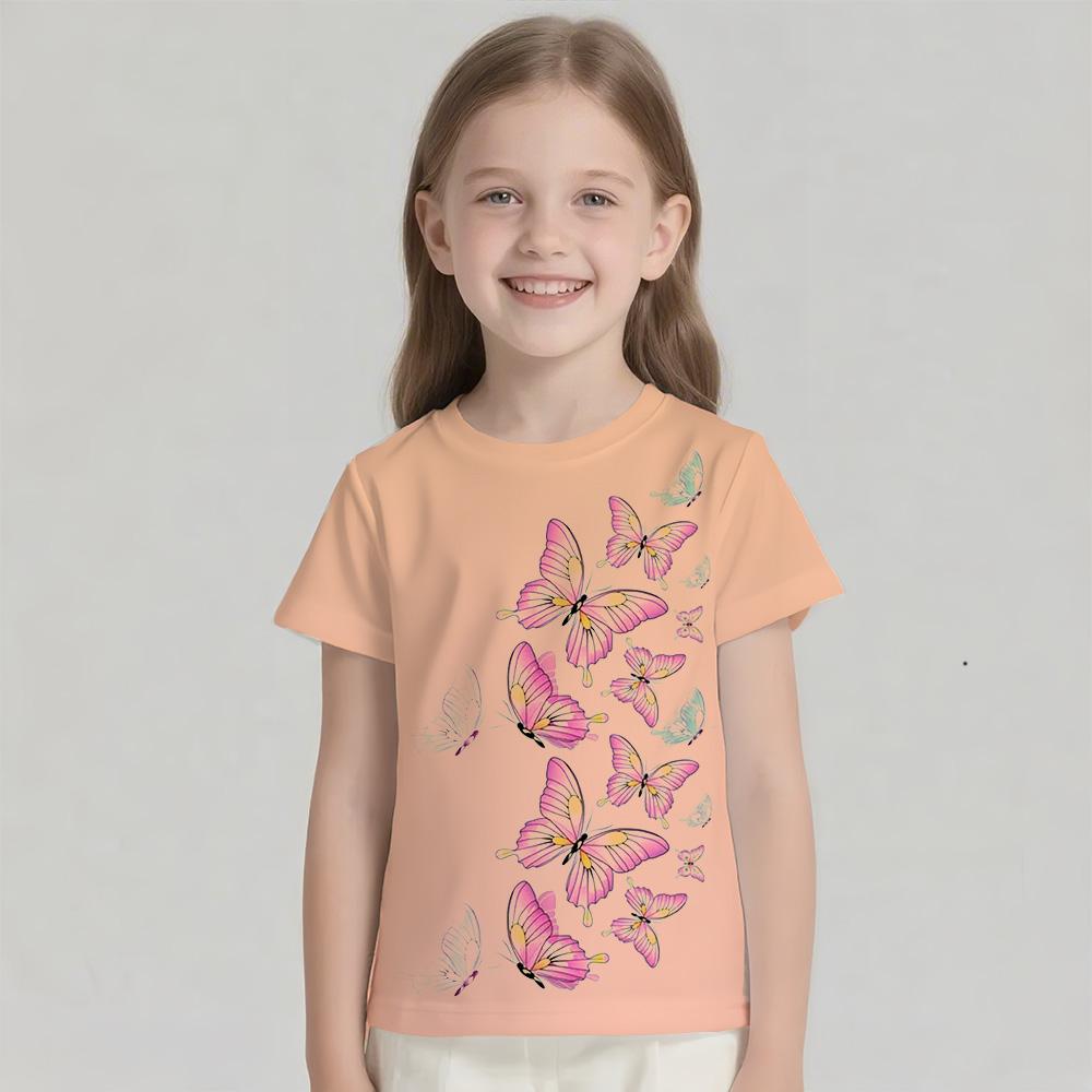 Kids T Shirt Short Sleeve Tee Gradient Butterfly Girls Clothes 5 to 6 Years Tops Tees Children's T-Shirt Round Neck Girl Blouse