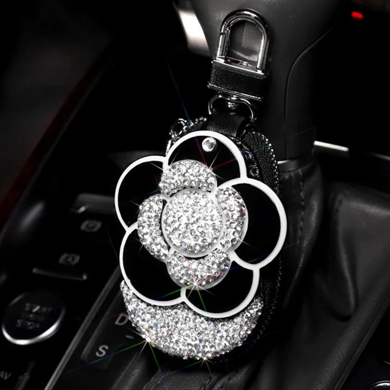 Luxury Crystal Camellia Car Key Case Shiny Keychain Holder  Bag Case Bling Car Accessories Interior for Woman Girls