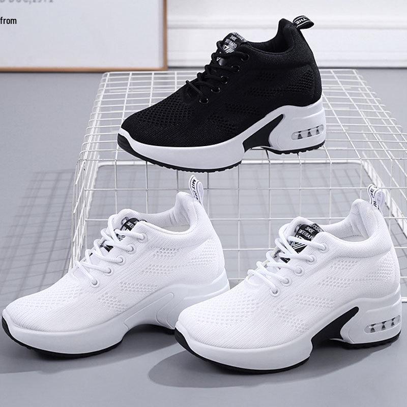 Trendige Weiße Damen-Schuhe zur Größensteigerung, Obermaterial aus Fly-Knit-Mesh, Dicke Sohle, Bequeme & Vielseitige Freizeitsneakers