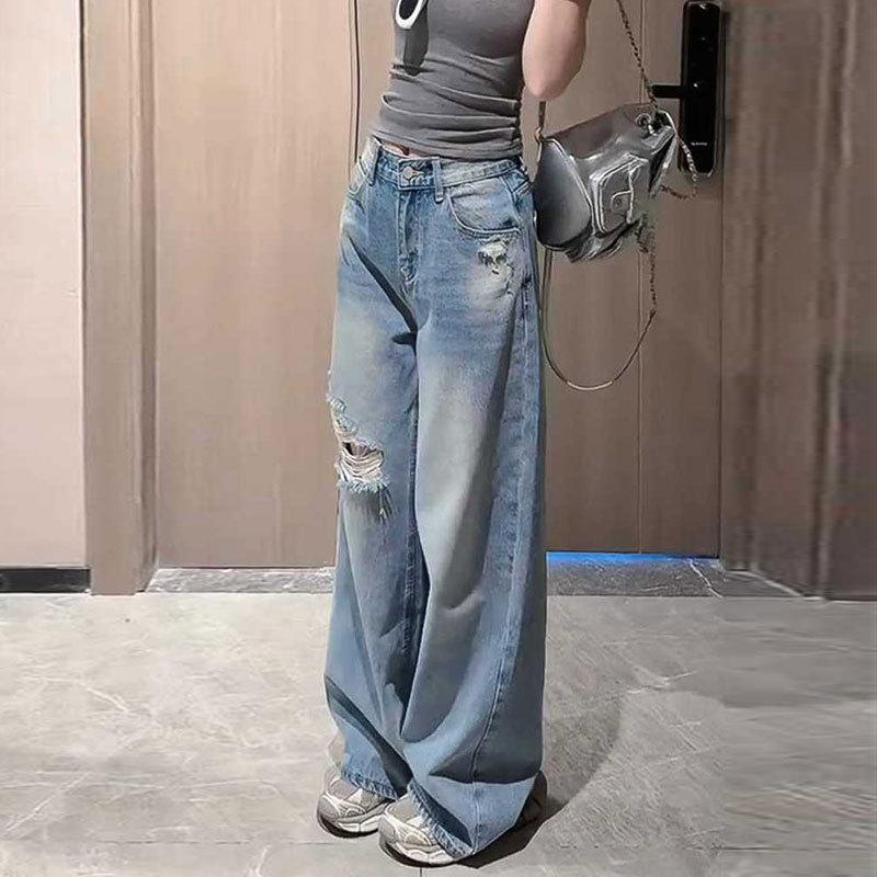 

Женские джинсы с высокой талией в американском ретро-стиле с рваными деталями и широкими штанинами - Весенняя мода Свободные 4XL синий