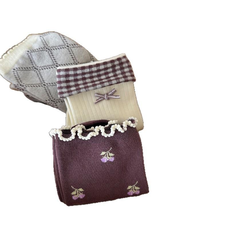 Songmu Plum Fruit Purple Series "Boneless Socks, Middle Socks, Korean Girls, Bow Piles Of Socks
