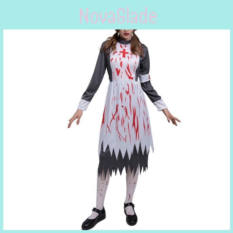 Elegantes Zombie-Krankenschwester-Kostüm aus Polyester für Damen mit Kleid und Hut für Halloween-Spaß