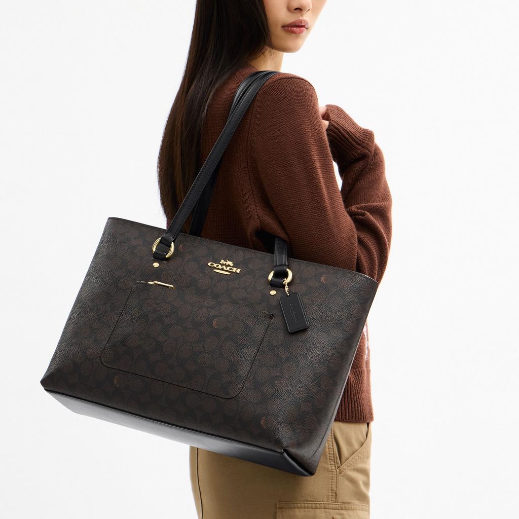 Coach Station 35 Brand Print Coated Canvas And Leather Shoulder Bag Large Women Shoulder Bag Gold Walnut CCD69-IMXAQ