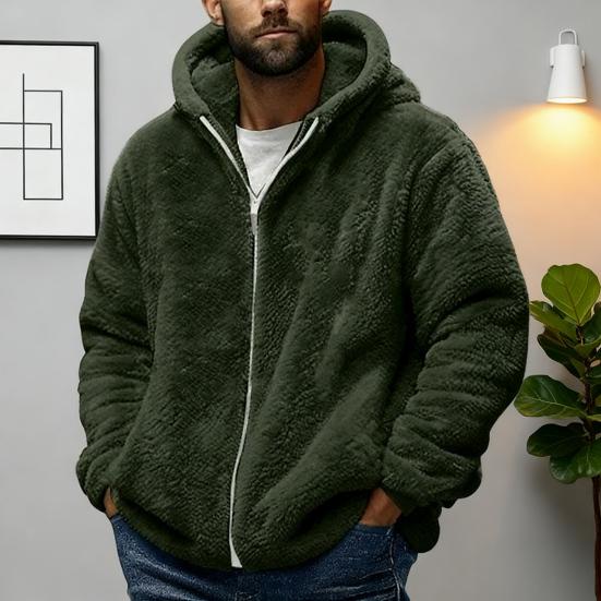 Men Fleece Hooded Jacket Winter Warm Zip Up Sweatshirt Soft Breathable Coat Casual Outerwear