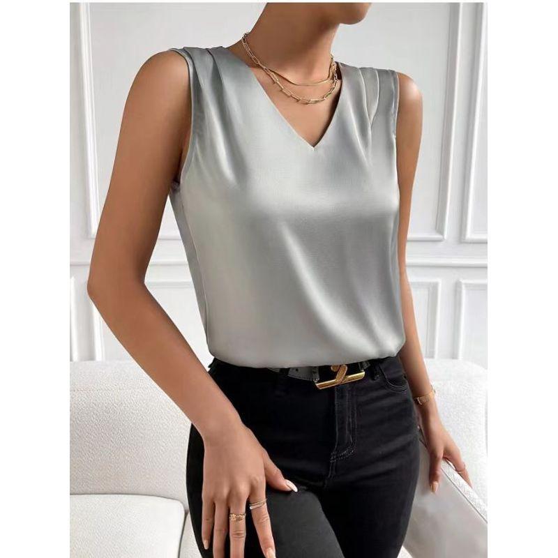 

Tank Bottom Top2024 European and American Women s Clothing Satin Satin Suit Tank Top Elegant Vest Bottoming Tops Grey(Grey) XL