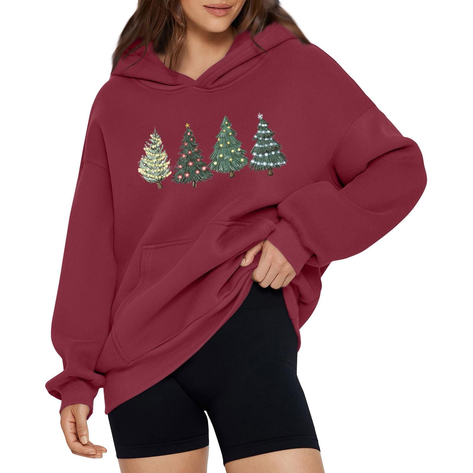 

Женская модная свободная толстовка с капюшоном и рождественским принтом, длинный рукав, пуловер S винный