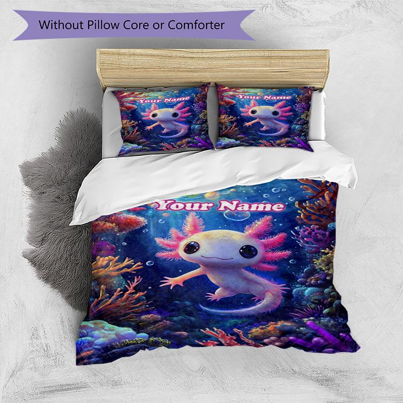 3PC Custom Name Underwater Axolotl Adventure Bedding Set Printed Bedding Set Duvet Cover Closure Includes 1 Duvet Cover & 2 Pillowcases for All Season