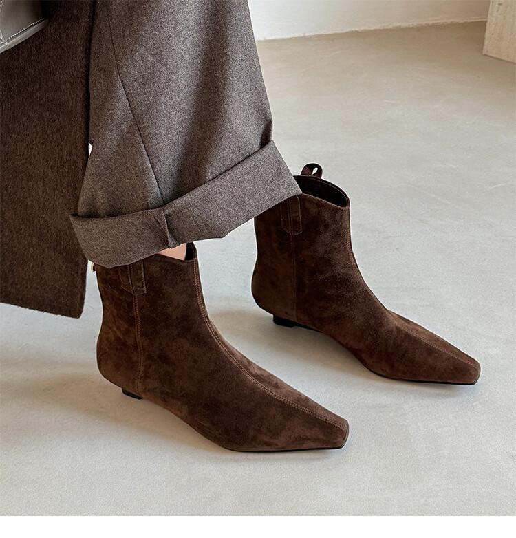 

2025 autumn and winter new sheep flip square head thin fashion boots rear zipper velvet wedge short boots women 39 коричневый