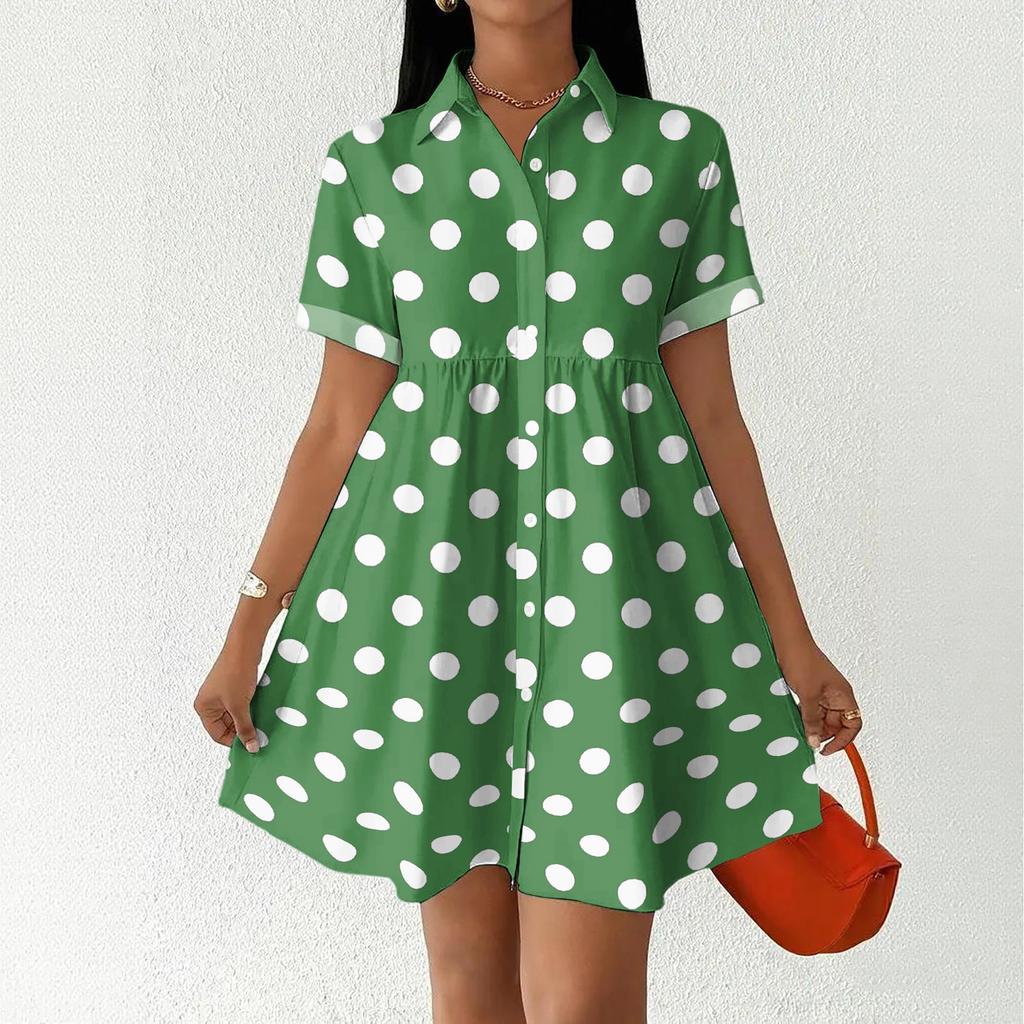 Women Casual Loose Shirt Dress Button Up Stand Collar Short Sleeve Printed Mini Dress Lightweight Tunic Dress
