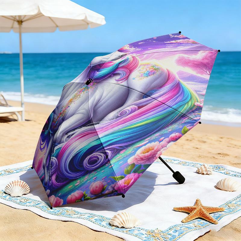 1pc Purple Unicorn Umbrella Portable Folding Umbrella Iron Frame Hole Bone Structure Outdoor Home Umbrella