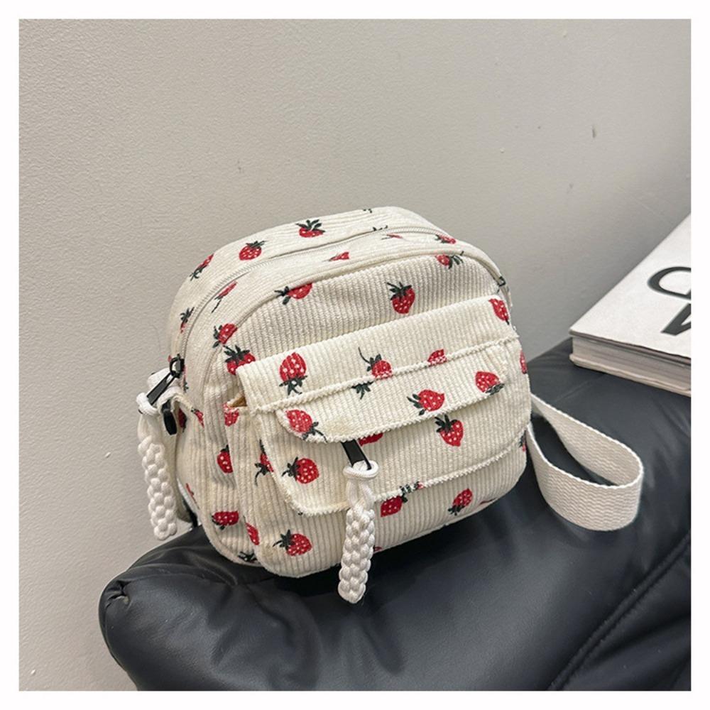 Fashion Printing Strawberry Crossbody Bag Zipper Corduroy Sweet Shoulder Bag Women Girl Gentle Handbag