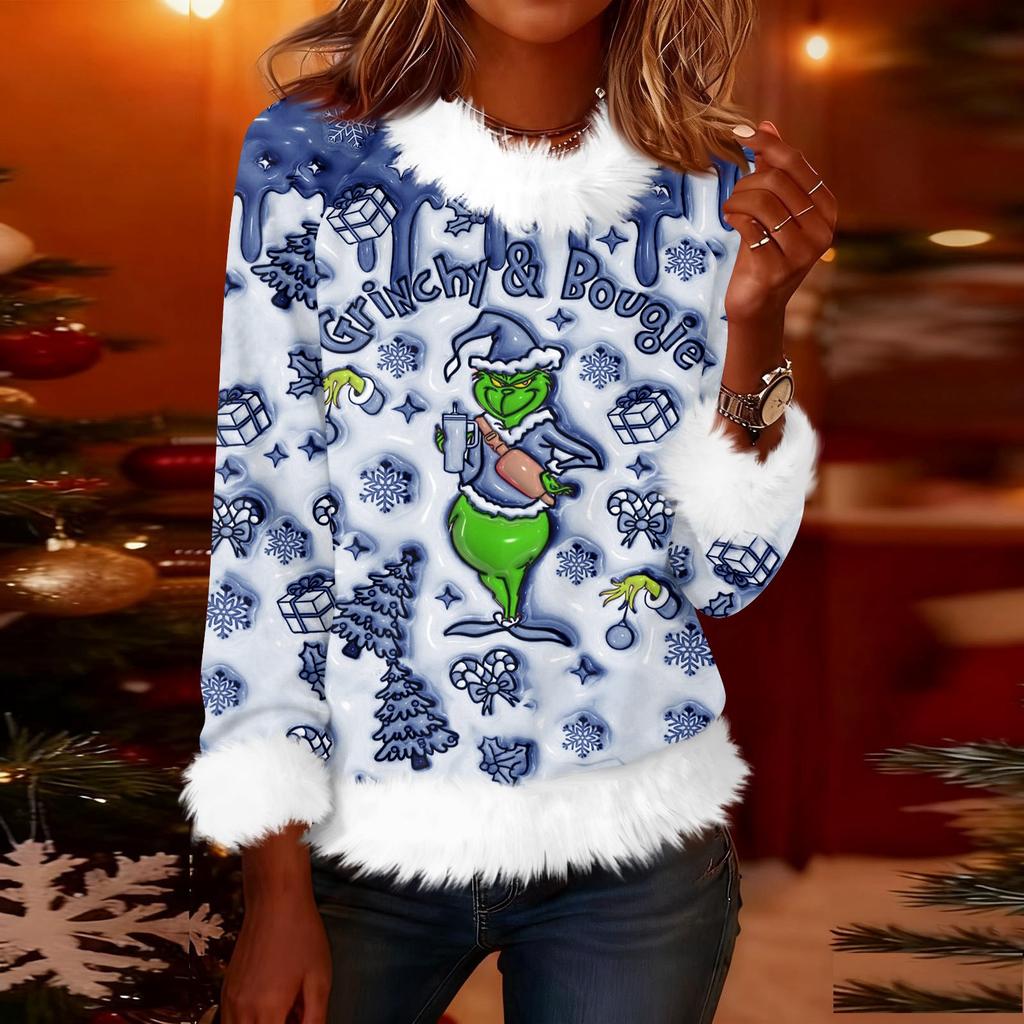 Women's Fashionable Christmas Printed Round Neck Long Sleeved Casual Pullover T-shirt Top
