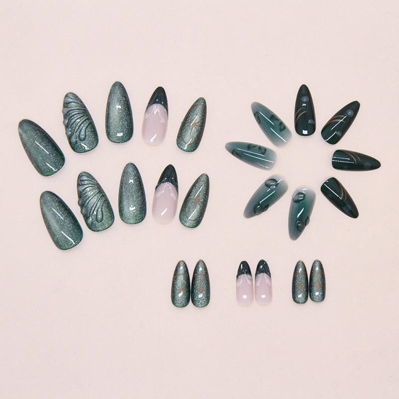 Mode Retro Grünes Katzenauge Press-On Nägel 24 Stück Französischer Stil Falsche Nägel Wiederverwendbare Nagelspitzen Für Frauen Nagelkunst Zubehör