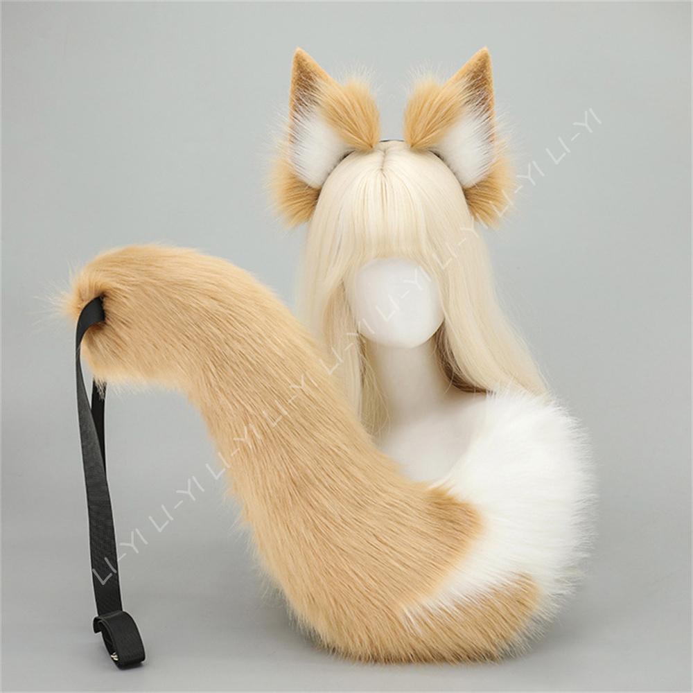 

Handcrafted Kitsune Fox Ears Headband & Tail Set - Fluffy Faux Fur Animal Cosplay Props For Anime, Halloween Costume Accessories ear and tail
