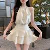 Temperament Design Set Bow Neck Vest Top Women's Clothing Summer High Waist Cake Skirt Two-piece Set