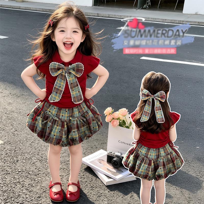Girls Summer Fashion 2 Piece Set Bow Short Sleeve Top And Bud Pants Casual Outfit For Kids