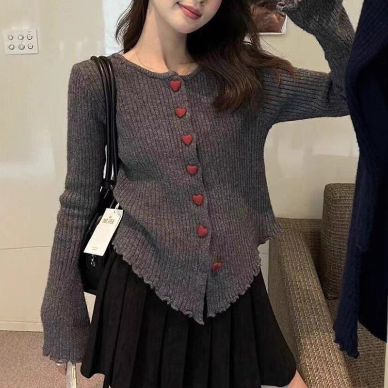 Gentle Wind Knitted Cardigan Women's Autumn and Winter New Round Neck Horn Sleeve Love Buckle Bottoming Sweater Jacket Women