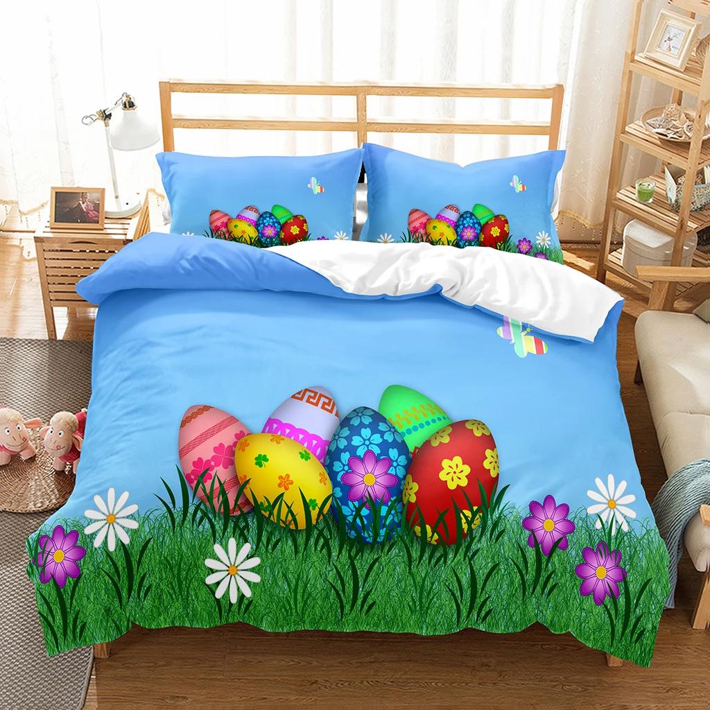 Happy Easter Duvet Eggs Rabbit Pattern Polyester Comforter Cover Festival Gifts for Kids Boys Girls Bedding Set with Pillowcase