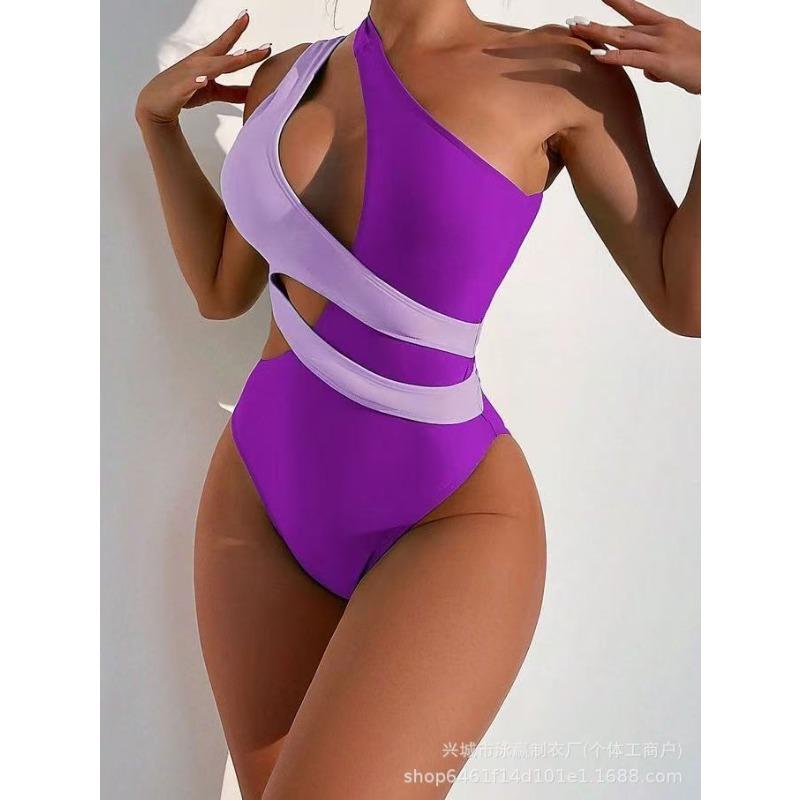 Sexy One-piece Swimsuit Onservative Color Matching Contrasting Color Single Shoulder Sloping Shoulder