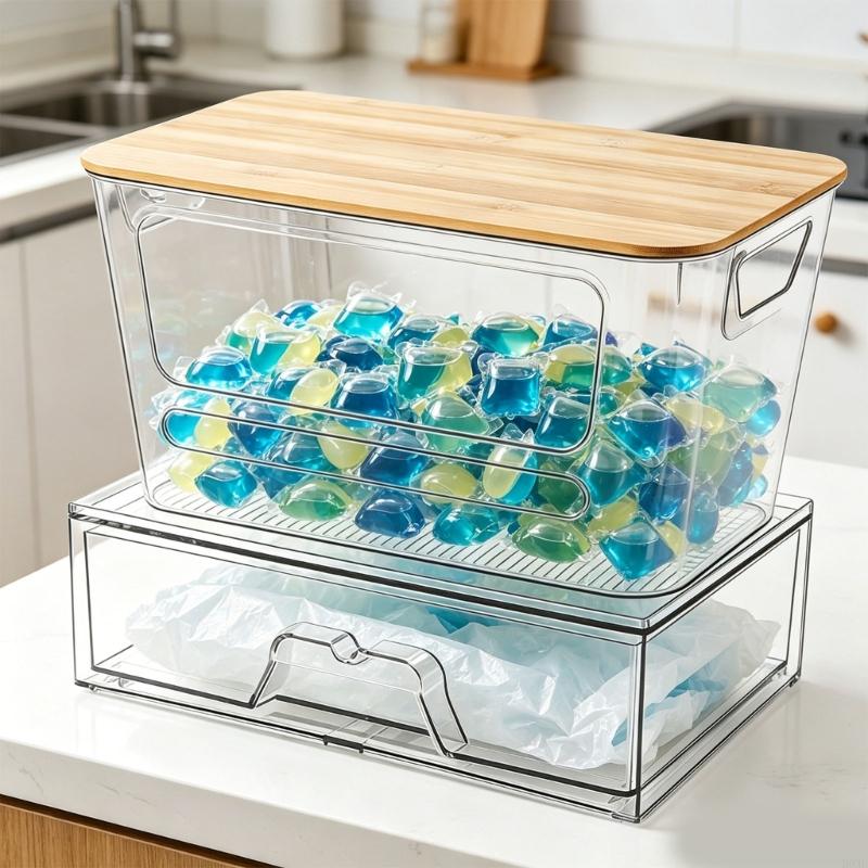 Plastic Storage Box For Washing Capsules And Waste Sacks Featuring Visible Panel And Sectioned Layout Design B03E