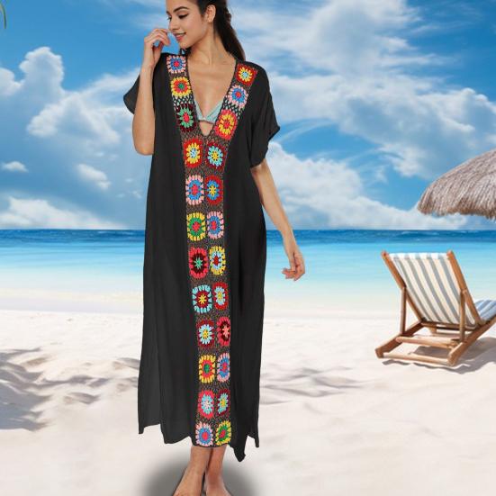 Women Summer Cover Up Dress V-Neck Short Sleeve Crochet Flower Decor See-through