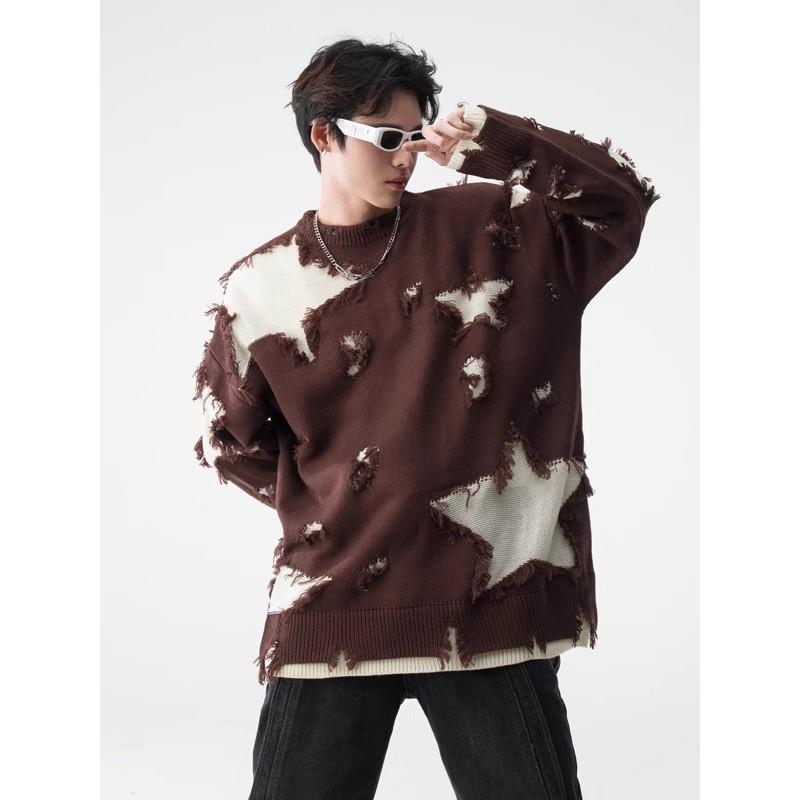 Unisex Oversized Knit Sweater With Raw Edge Hem Distressed Detail Loose Fit Casual Pullover